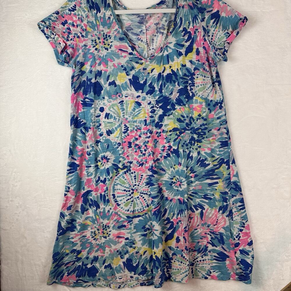 Lilly Pulitzer Med Women’s Floral V Neck T Shirt Dress Blue Pink Tropical Resort